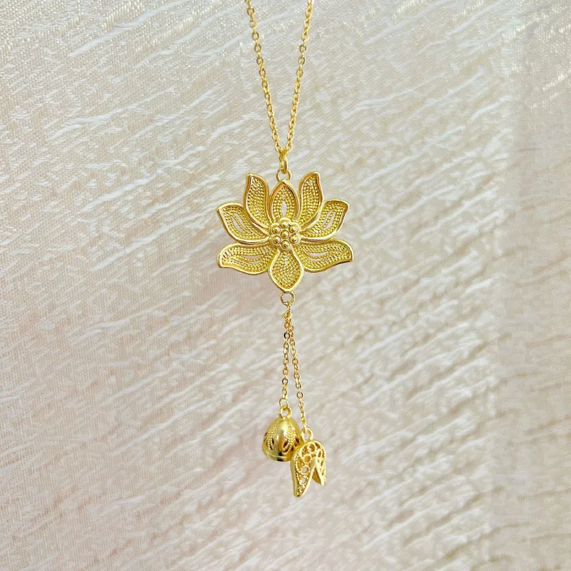 Vintage Lotus flower necklace tassel Chinese style antique gold craftsm pendant sweater chain classical wedding jewelry gift - view 4