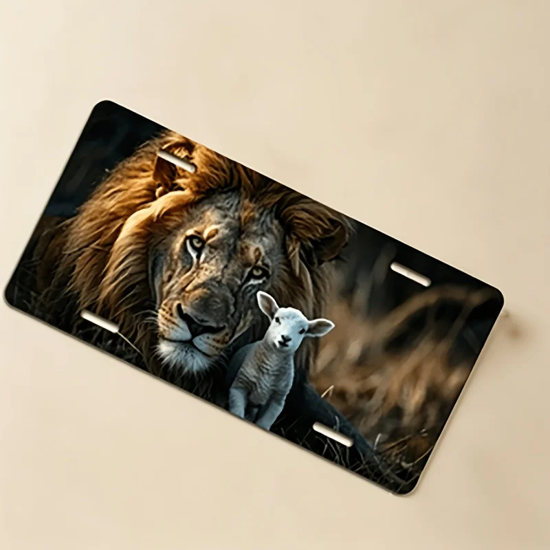 2D Flat, 2D Flat Design, Lion and Lamb License Plate Frame - Suitable for 6x12 Inch Car License Plates, Rust-proof Metal License