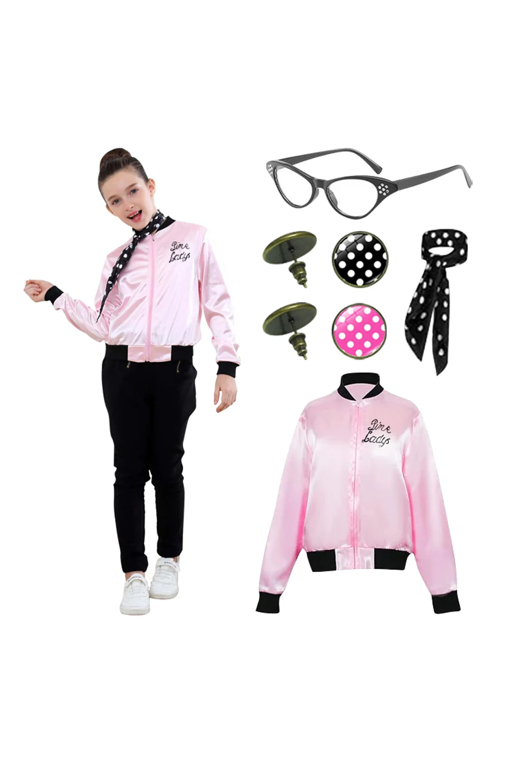 Grease Cosplay Pink Ladies Coat Glasses Scarf Earrings Costume for Kids Children Outfits Halloween Carnival Party Fantasia Suit