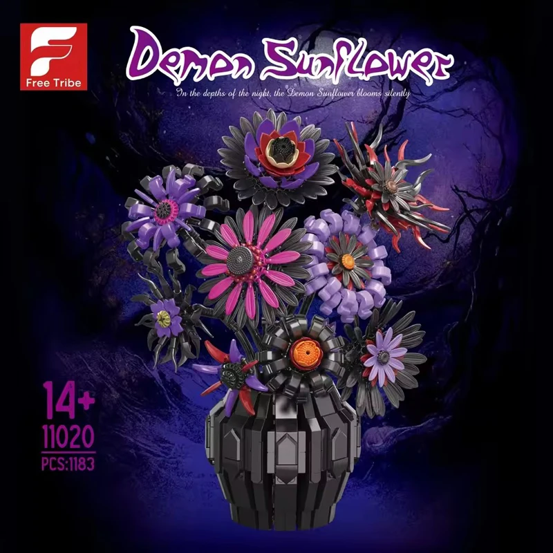 

New Gothic Flowers 1183PCS Demon Sunflower Building Blocks Dark Night Bouquet Vase Model Desktop DIY Bricks Toys Adults Kids
