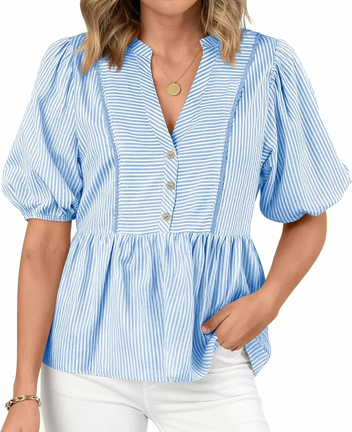 

Womens Summer Tops 2026 Fashion Lantern Short Sleeve V Neck Button Peplum Shirts Spring Stripes Babydoll Blouses
