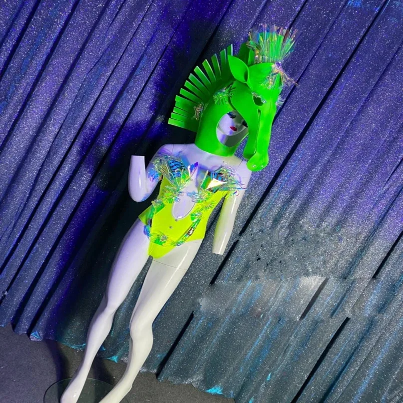 

Sexy Fluorescent Green Horse Head Stage Show Costume Nightclub Bar Performance Wear Rave Party Cloth