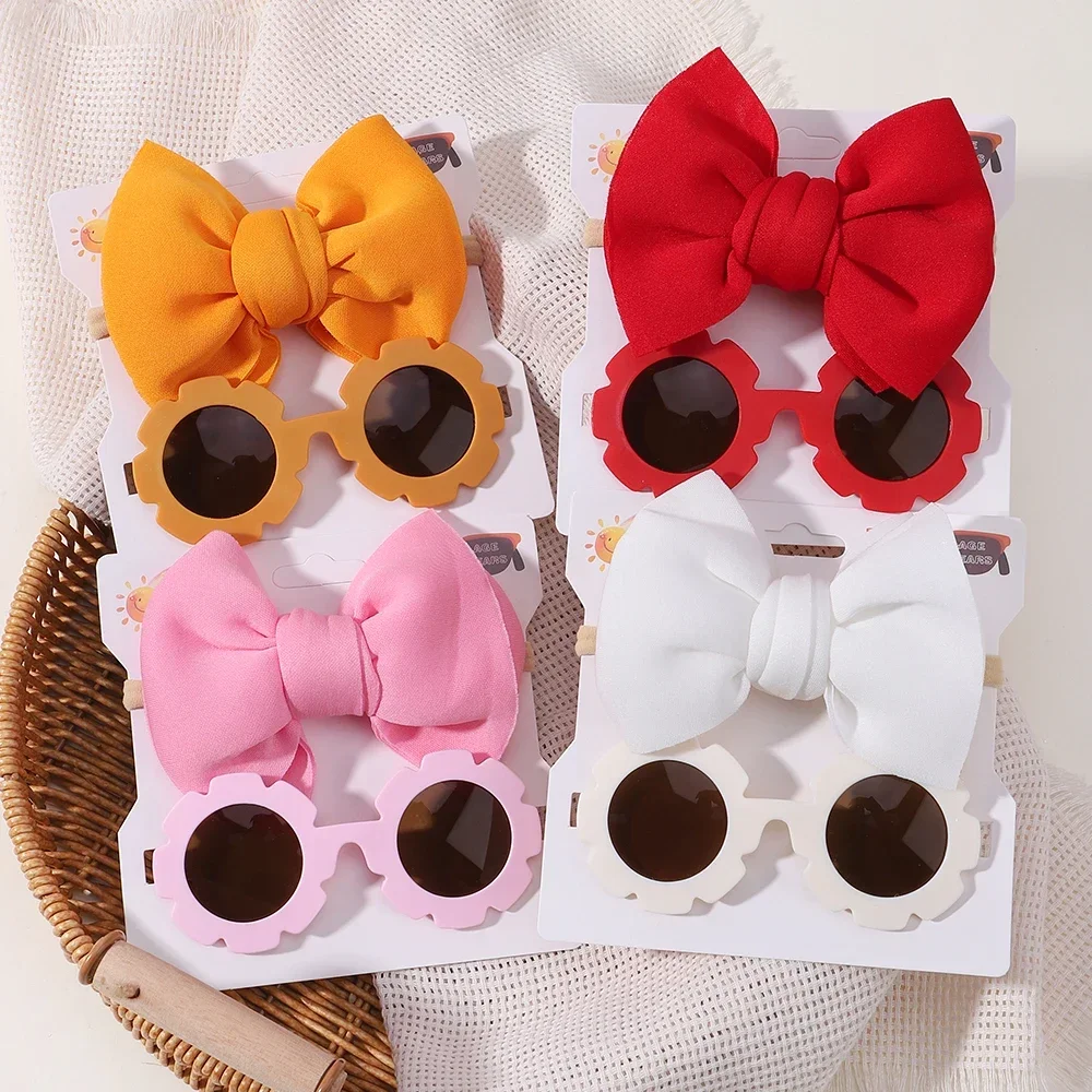 

Children Headwear Glasses Set Solid Soft Bowknot Head Bands Girls Lace Barrette Retro Sunglasses Kids Hair Clip Hair Band Sets