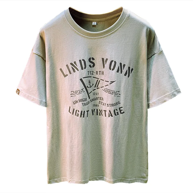 تي شيرت ريترو فضفاض للرجال ثقيل الوزن مغسول بأكمام قصيرة صيفي جديد أمريكي غير رسمي مطبوع #5