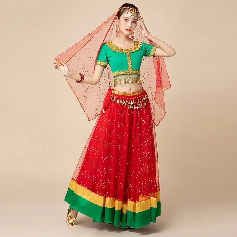 Adult Female Indian Dance Bollywood Belly Dance Costume Contrast Color Large Swing Skirt Group Dance Performance Costume 2025 view 3