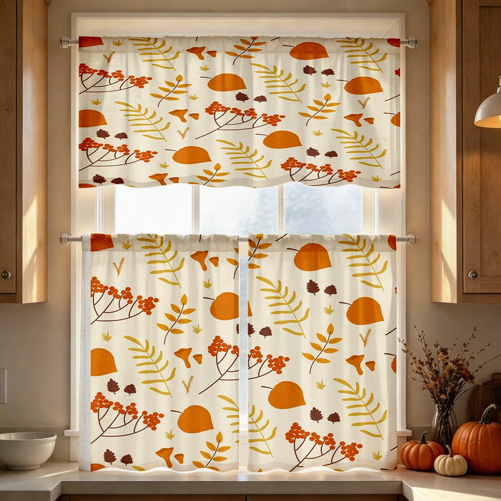 Fall Kitchen Curtains, Orange Leaves Berry Branch, Digital Print, Kitchen Dining Room, Rod Pocket Polyester, Home Decor
