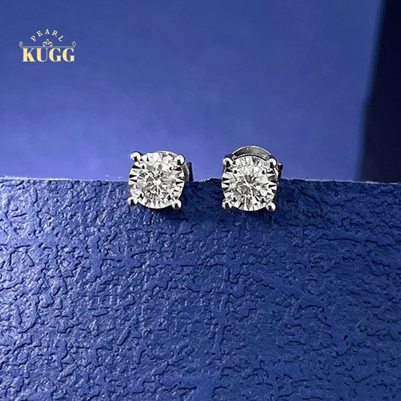 KUGG 18K White Gold Earrings Shiny Real Natural Diamond Jewelry Classic Four-Claw Design Stud Earrings for Women Birthday Fine