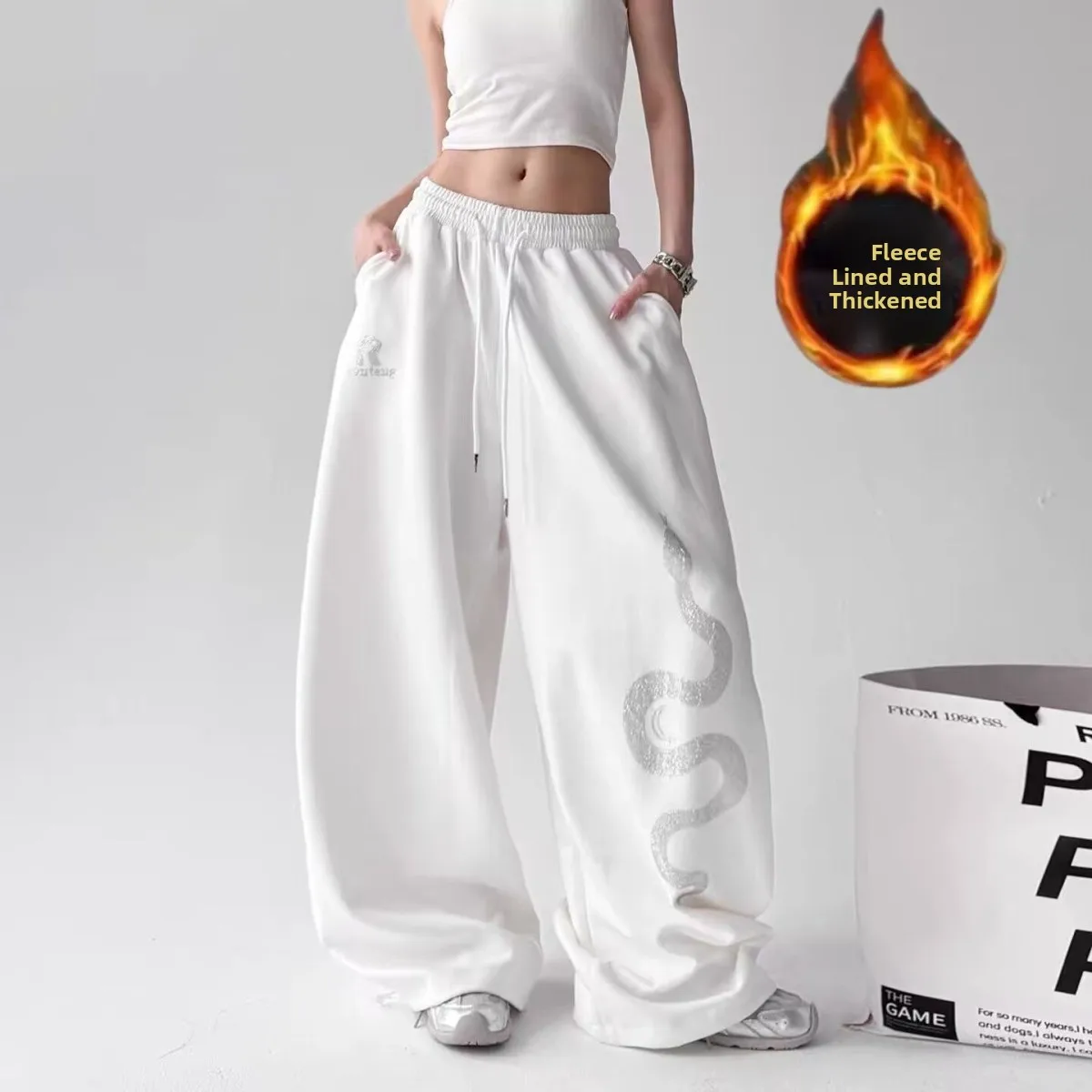 

Белые повседневные брюки для стрит-дэнса, эластичные, в стиле джаз, свободного кроя, из полиэфирного волокна, унисекс, осенне-зимние, модные трендовые брюки