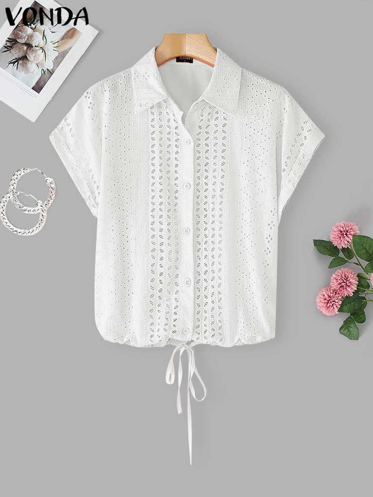 VONDA Fashion Blouse Summer White Shirts 2025 Women Lapel Short Sleeve Lace Elegant Office Lady Tops Casual Loose Blusas Femme