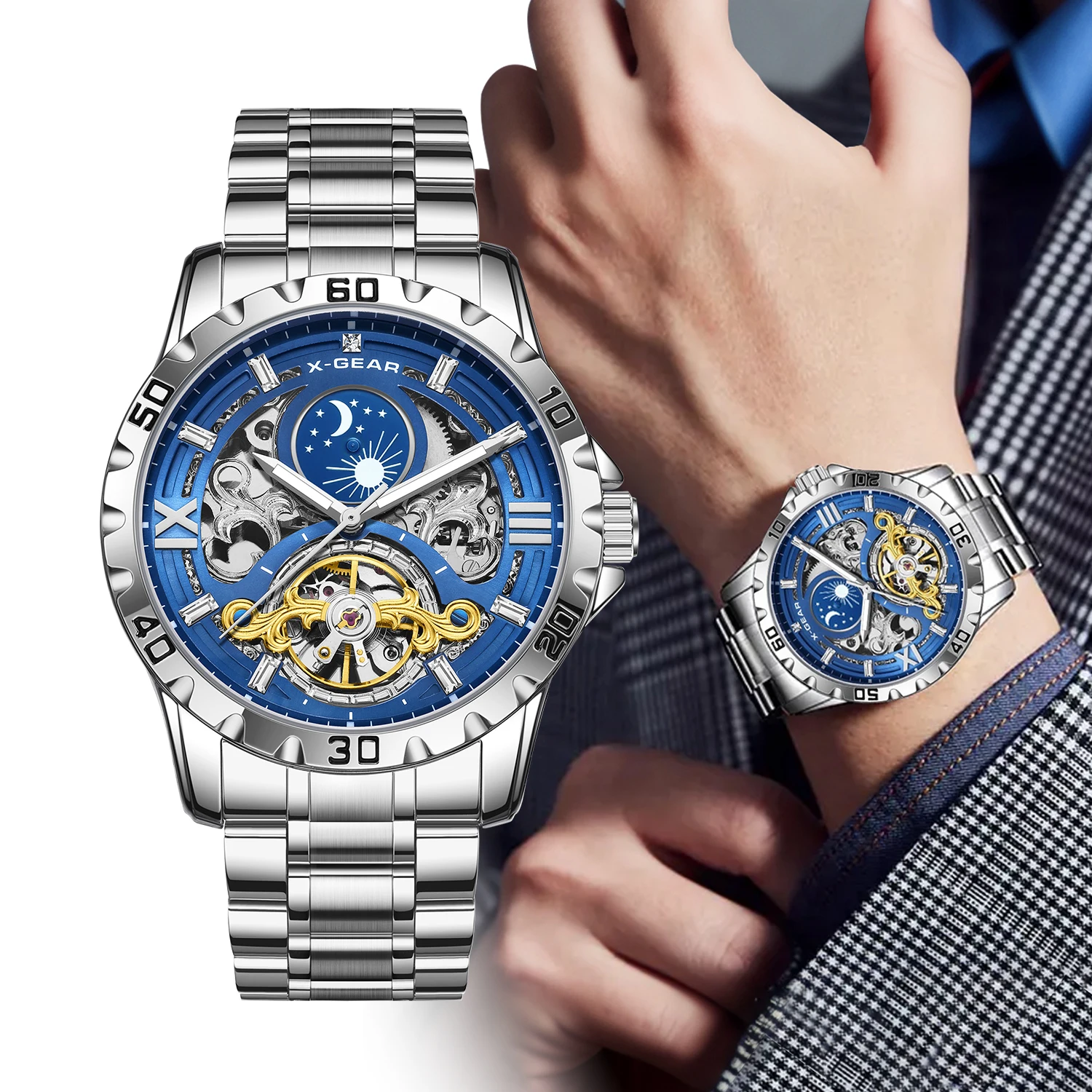 X-GEAR Men's Skeleton Starry Moon Phase Tourbillon Automatic Mechanical Watch — Water-Resistant Luminous Steel Edition