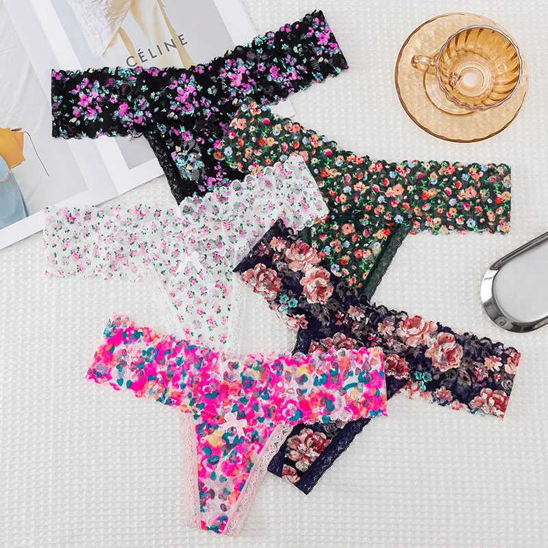 Flower Lace Thong Women Sexy Underwear Invisible Soft Low Waist G String Mirco Bikini Girls Panties T Panty String Pour Femme