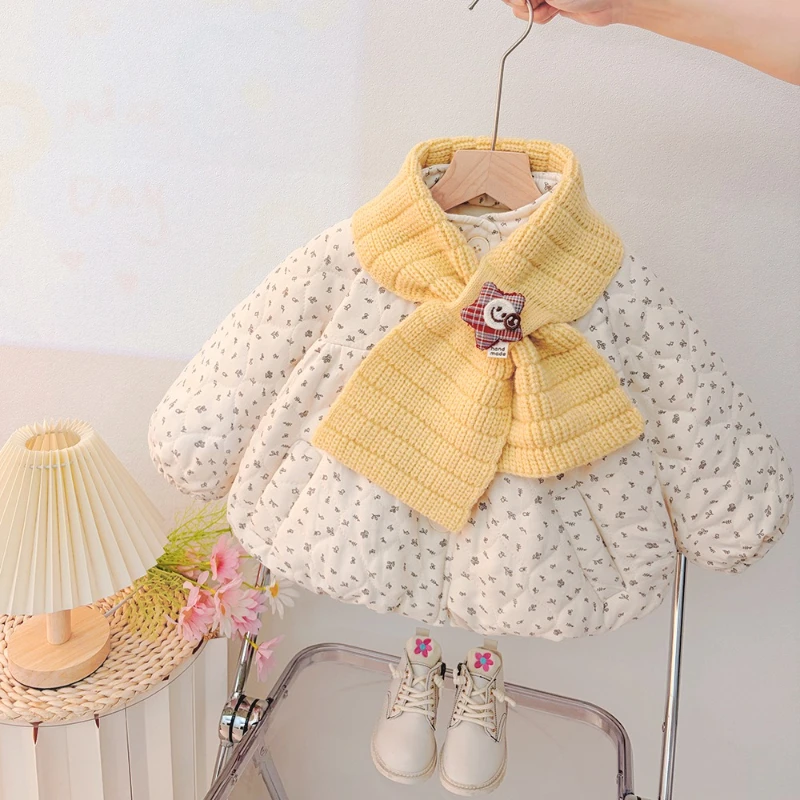 

Winter 2025 New Children's Floral Cute Thick Cotton A-line Cotton Jacket with Scarf