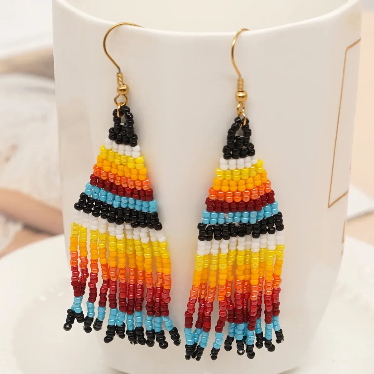 ZGMXR Bohemia Alloy Tassel Earrings with Rainbow Gradient Color Beads Hand Knitted Fashion Simple Beaded Female Jewelry
