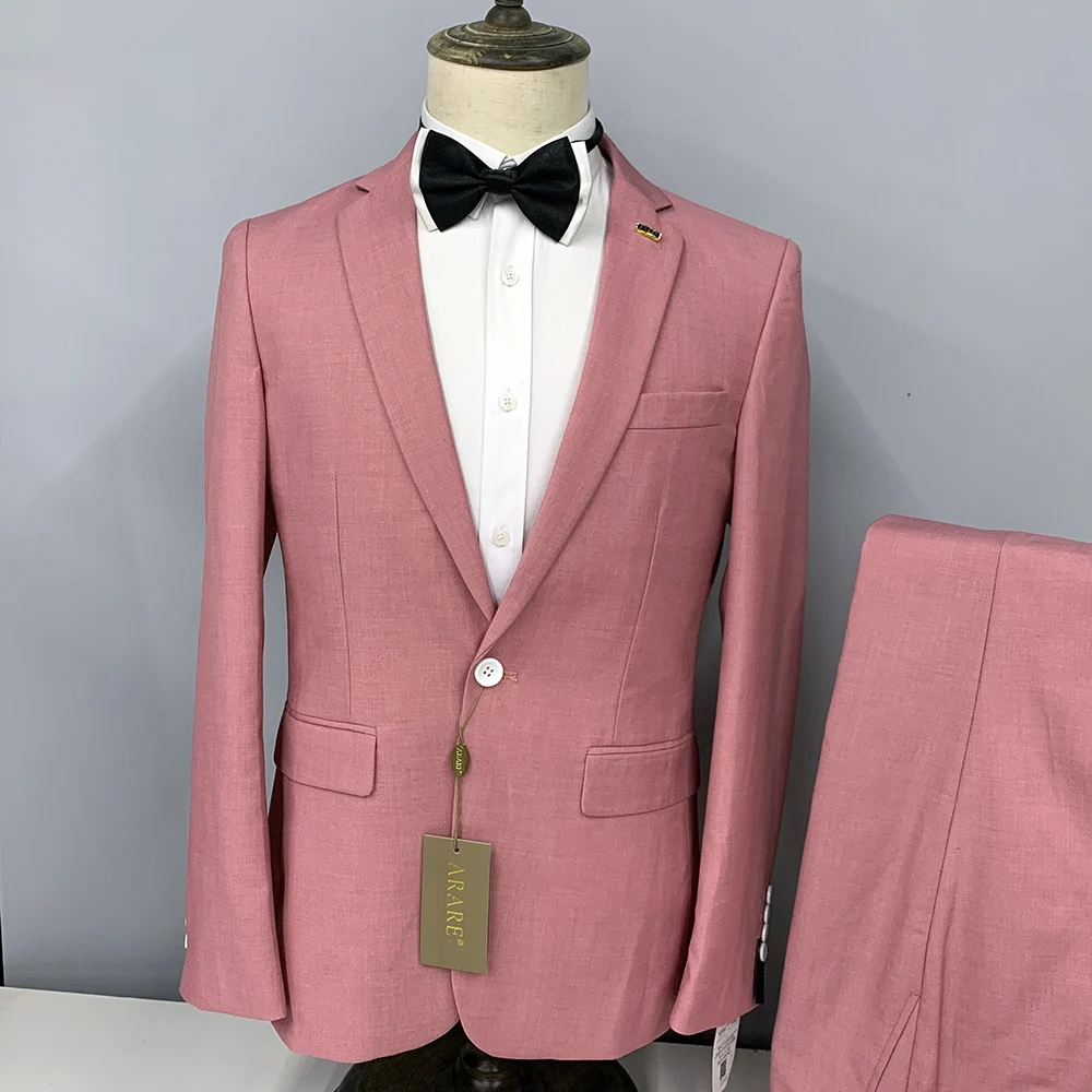 

2023 New Fashion Linen Men Suit Customized Business Slim Fit Pink Notch Lapel Two Piece Wedding Groom Office Daily Coat Pants