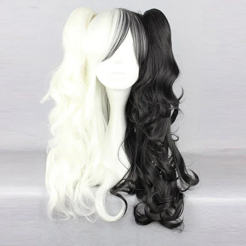 Danganronpa Monokuma Women Long Ponytails Curly Wig Cosplay Costume White Black Mix Heat Resistant Synthetic Hair Wigs + Wig Cap