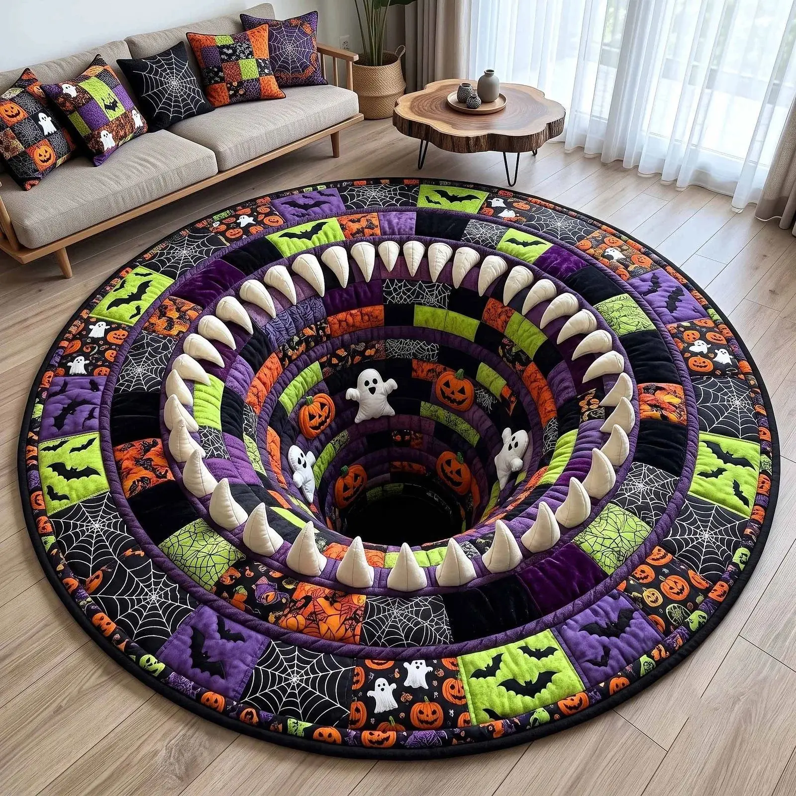 Round Area Rug Halloween 3D Black Cat Non-Slip Large Circle Carpet for Living Room Bedroom Gothic Home Decor