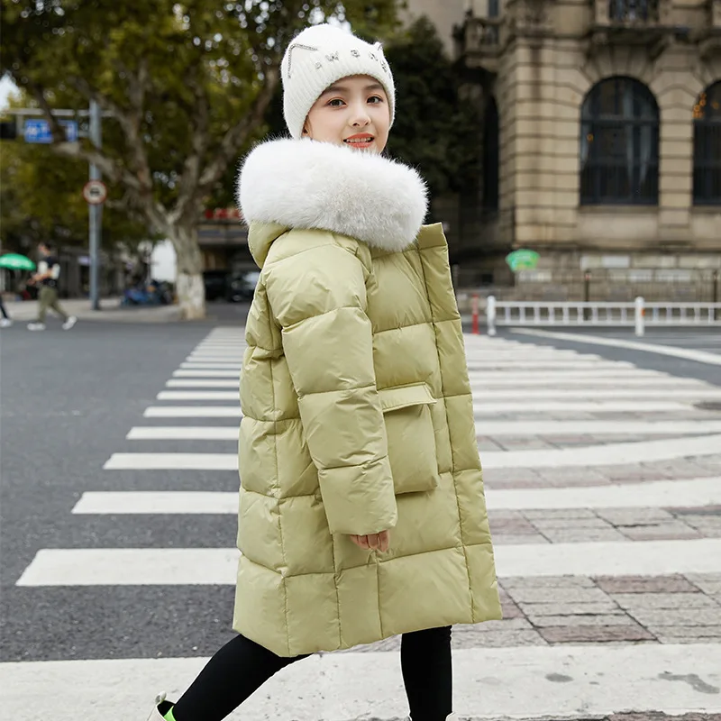 Winter Warm Girls Plain Hooded Single-Breasted Zip Long Thick Puffer Jacket School Kids Down Coats Child Outerwear Parka 5-14Yrs