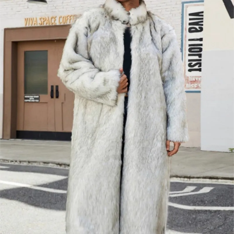 

Retro Mens Faux Fox Fur Tops Thicken Warm Jackets Long Coats 2025 Fall Winter Fur Fluffy Long Solid Color Jacket Outerwear