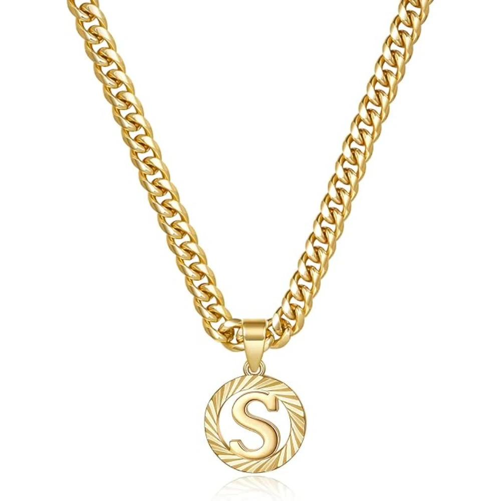 

14K Gold Plated Round Letter Pendant Hollow Capital Monogram 5mm Cuban Chain Necklace Dainty from A-T Jewelry for Women Men