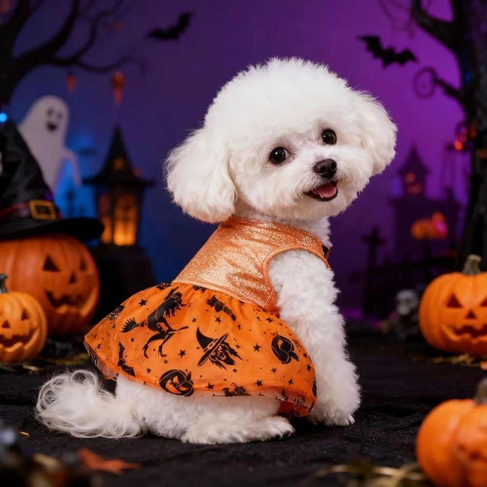 Funny Breathable Halloween Pet Laser Dress Soft Comfortable Dog Shiny Dress Spider Web Pattern Dog Pumpkin Dress Cosplay