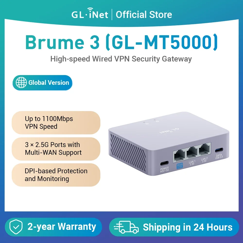 GL-iNET (Brume 3) GL-MT5000 High Speed Wired VPN Security Gateway, Up to 1100 Mbps VPN, 3× 2.5G Multi-WAN,DPI Security, NO Wi-Fi