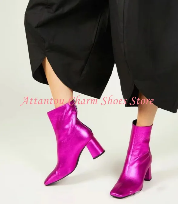 Candy Color Chunky Heel Woman Leather Ankle Boots Fashion Thick Heel Short Boots Lady Large Size Dress Party Shoes