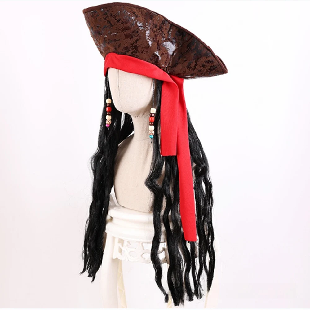 Adult Men's Caribbean Pirate Hat Wig Halloween Stage Performance Pirate Captain Costume Wig Party Accessories Jack Sparrow Wig