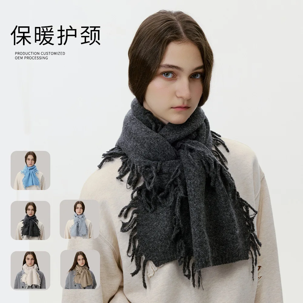 

Wool Blend Fringe Scarf - Windproof Thermal Neck Warmer for Couples, Unisex Solid Color Knit Autumn Winter
