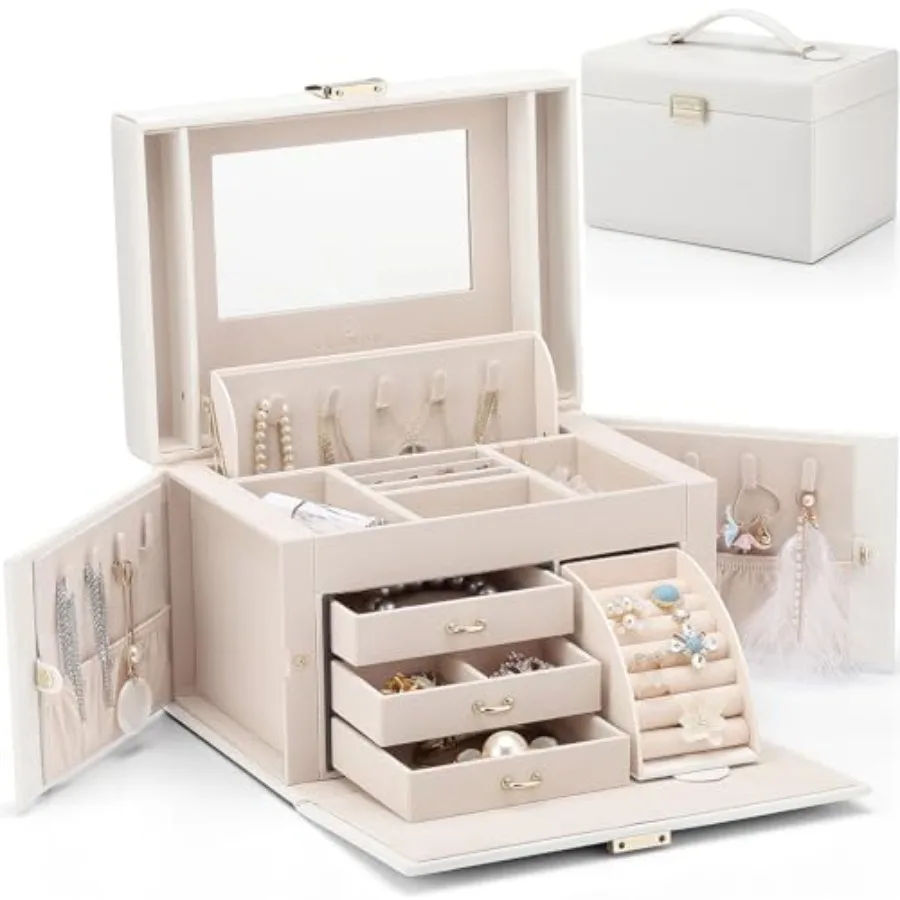 Jewelry Box Organizer for Girls Women Large Vintage Jewelry Storage Box with Mirror Drawers for Bracelets Earrings Rings Neckla