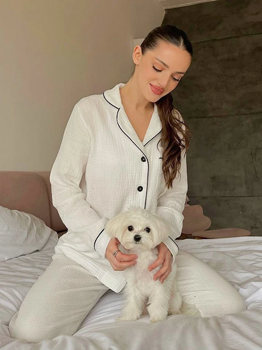 Marthaqiqi Cotton Women'S Pajamas Set Long Sleeve Sleepwear Sexy Turn-Down Collar Nightwear Wide Leg Pants Nightie 2 Piece Suits