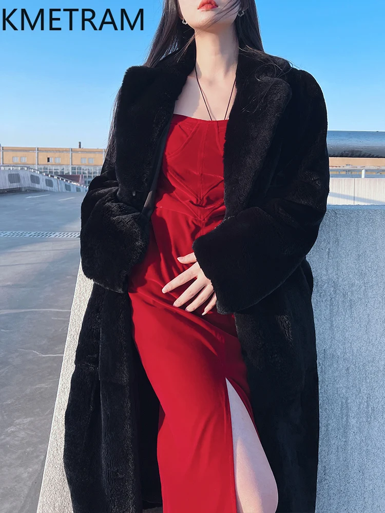 Natural Rex Rabbit Fur Coat Women High Quality Black Long Real Fur Coats Woman Winter Clothes 2025 Furry Jacket шуба женская