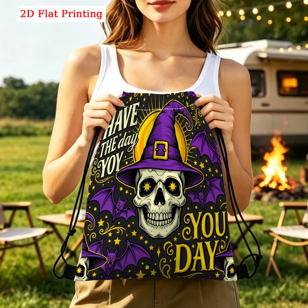 Halloween Style, Drawstring Backpack, Skull Witch Hat Have The Day You Day Pattern, Fitness Sports Backpack, Outdoor Travel Draw
