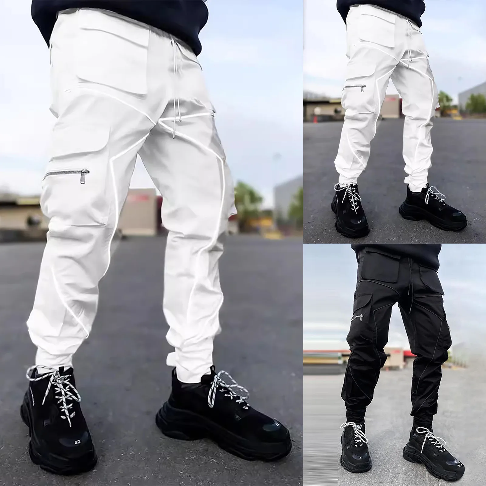 Herren einfarbige Baggy Cargo hose Multi-Pocket Kordel zug binden Mode Korsett hose Street Trend alle passen Freizeit hose