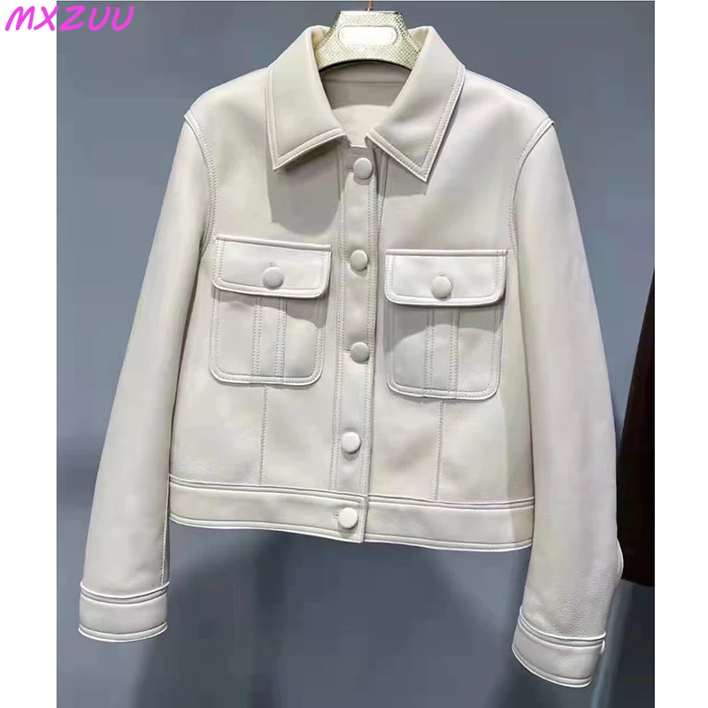 2024 Autumn Popular Genuine Leather Jacket Women Sheepskin High-End Polo Collar Tops Jassen Dames Slim Classic Short Blazer Coat