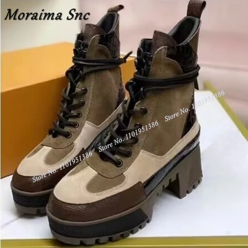 Moraima Snc Round Toe Lace up Black Boots Platform Patchwork Stiletto Shoes for Women Chunky High Heels Boots Zapatillas Mujer