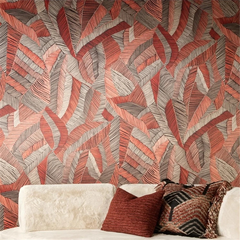 Custom Abstract leaf wallpaper for living room colored chalk line banana leaves geometric rhythm ancient art wall painting paper