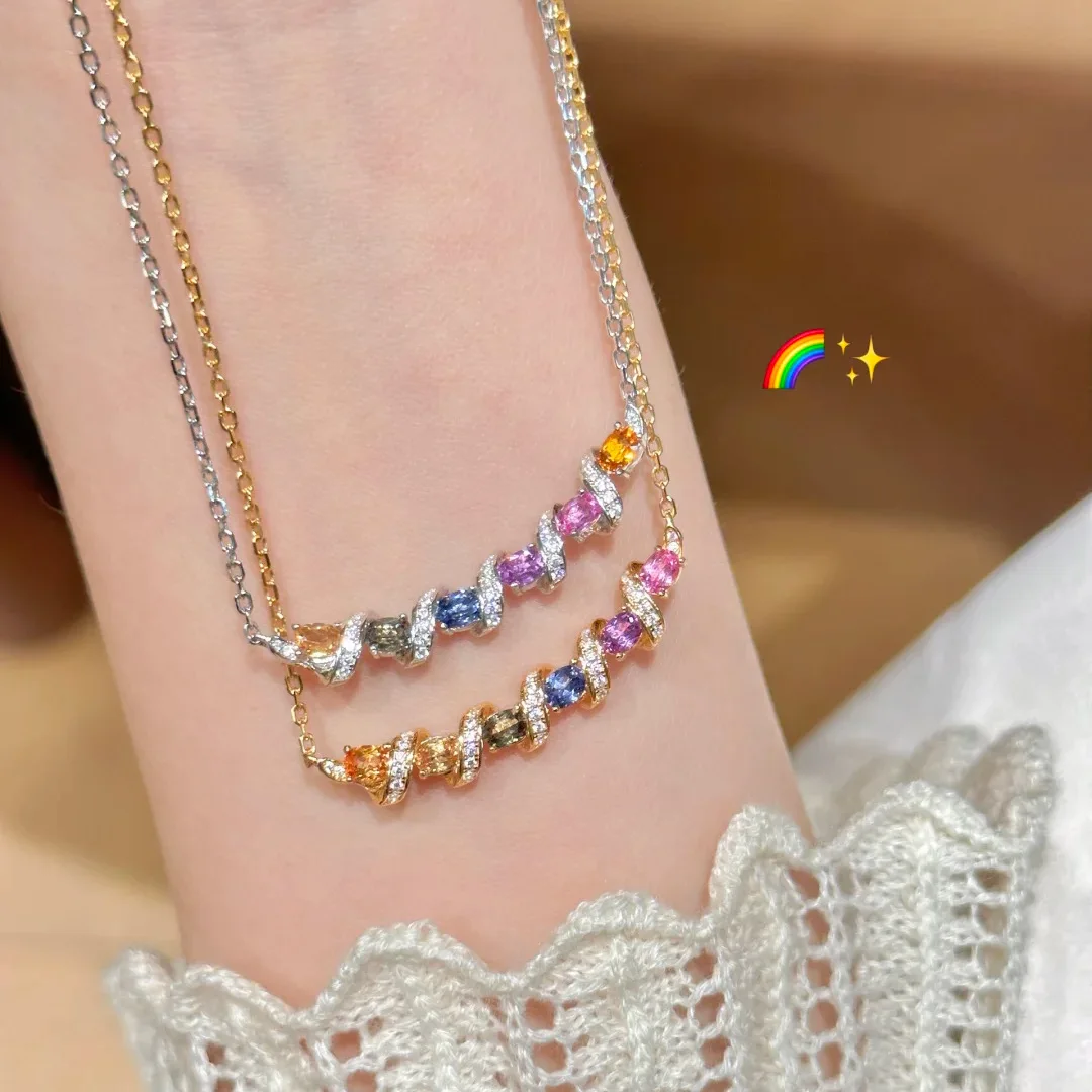 

Lady's Multicolored Rainbow Sapphire Twist Necklace- Sterling Silver - Multicolored Gemstone Pendant - Fashion Party Jewelry