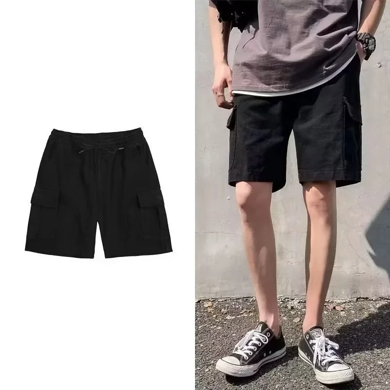 

Мужские брюки длиной до колена, шорты-карго, повседневные шорты, однотонные свободные карманы, лоскутные повседневные шорты на шнурке, новые летние спортивные шорты