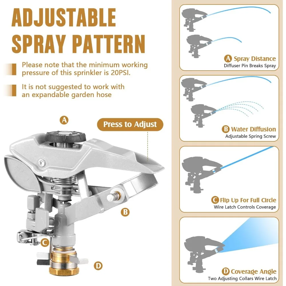2-х шт. спринклер для газона, сверхмощная регулируемая спринклерная головка для импульсной воды с шиповым основанием, регулируемая зона распыления и расстояние