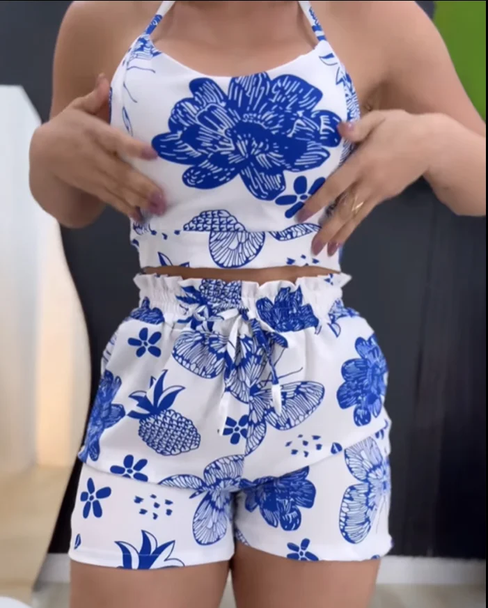 

Women's Suit 2025 2 Pieces Outfit Floral Print Halter Backless Tied Detail Tank and Fruit Print Shirred Drawstring Shorts Set