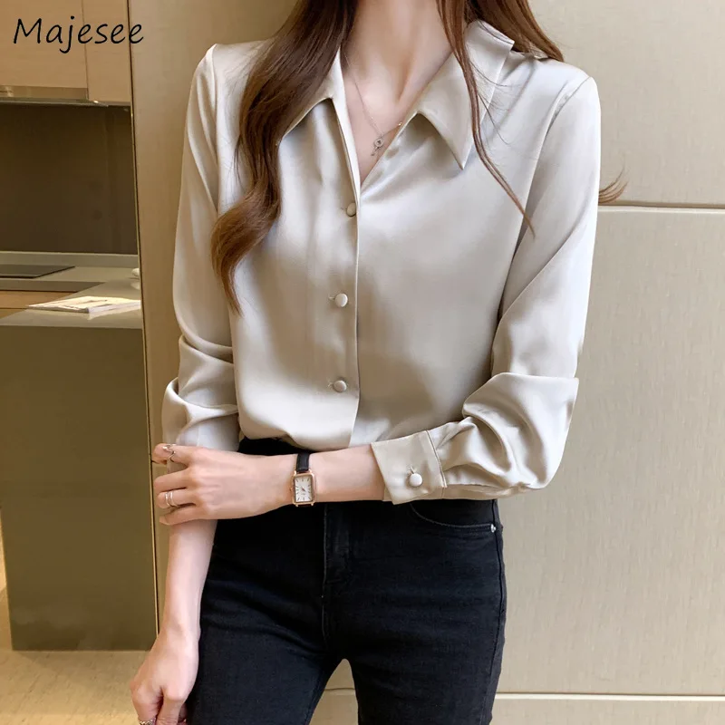 

Turn-down Collar Women Shirts Loose Fit Profession Style Harajuku Solid All-match Office Lady Trendy Satin Tops Spring Simple