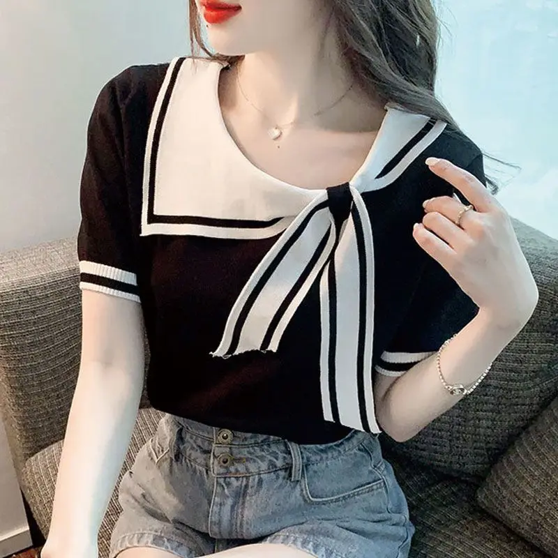 Spring Summer New Fashion Casual Scarf Collar Sweet Knitted T-shirt Female Short Sleeve All-match Pullover Tee Women\'s Clothing