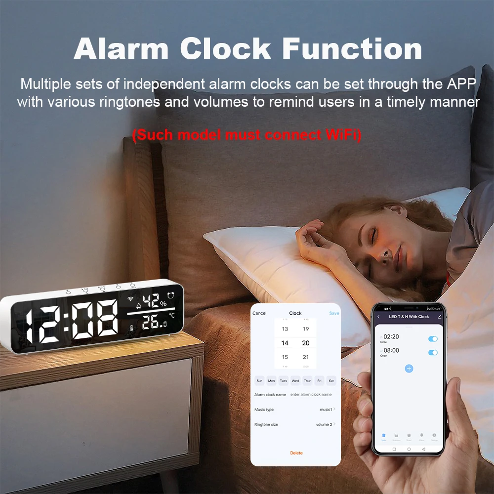 Tuya WiFi LED Wecker Unterstützung Temperatur Feuchtigkeit Sensor Zeit Display USB Desktop Spiegel Uhren für Wohnzimmer Dekoration – Detail 6