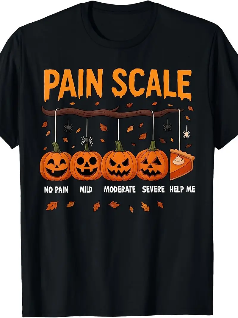 Pain Scale Pumpkin Pattern Trauma Nurse Halloween T-Shirt Retro Casual Round Neck Print Comfortable Breathable Short Sleeve Top
