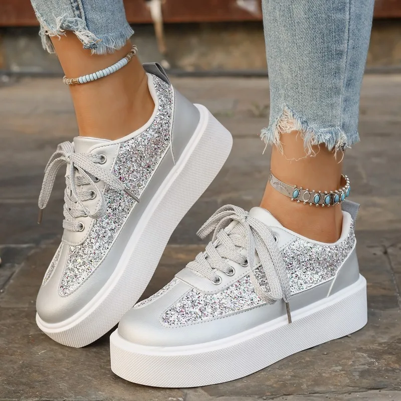 Zapatos de lentejuelas de moda, zapatos casuales para mujer, zapatos de suela gruesa de diseño moderno, calzado para hombre, zapatillas deportivas casuales con cordones.