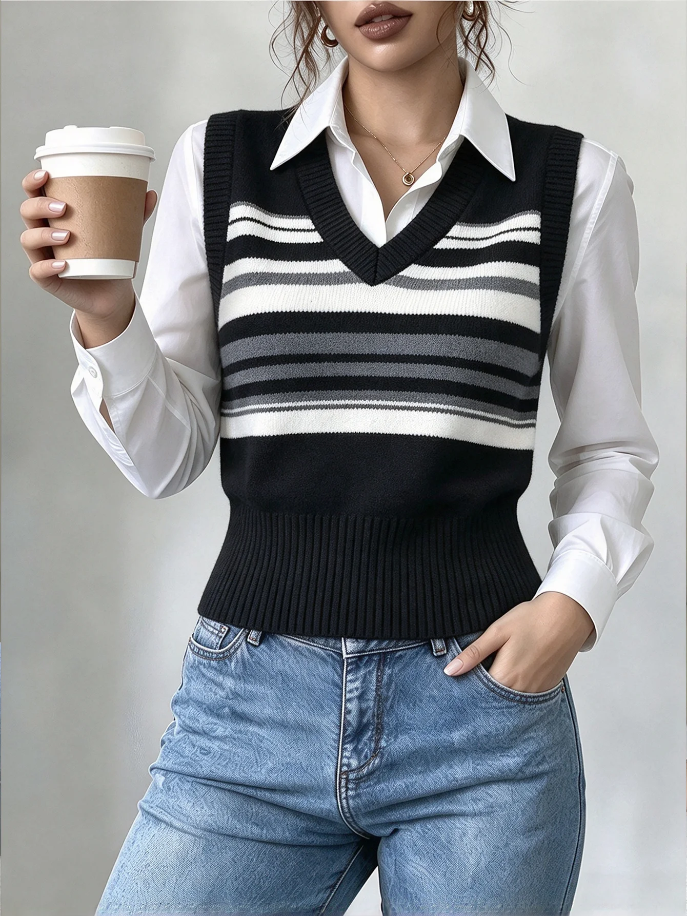 Women V Neck Striped Knit Vest Sleeveless Sweater Slim Ribbed Hem Casual Preppy Style Autumn Layering Knitted Waistcoat
