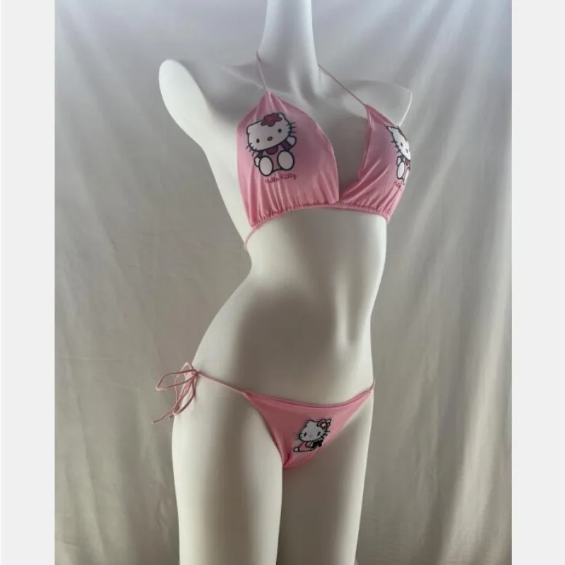 Japońska oryginalna Sanrio Hello Kitty komplet bielizny seksowna różowa bielizna kobieta Plus rozmiar kabriolet pasek strój kąpielowy Bikini na plażę