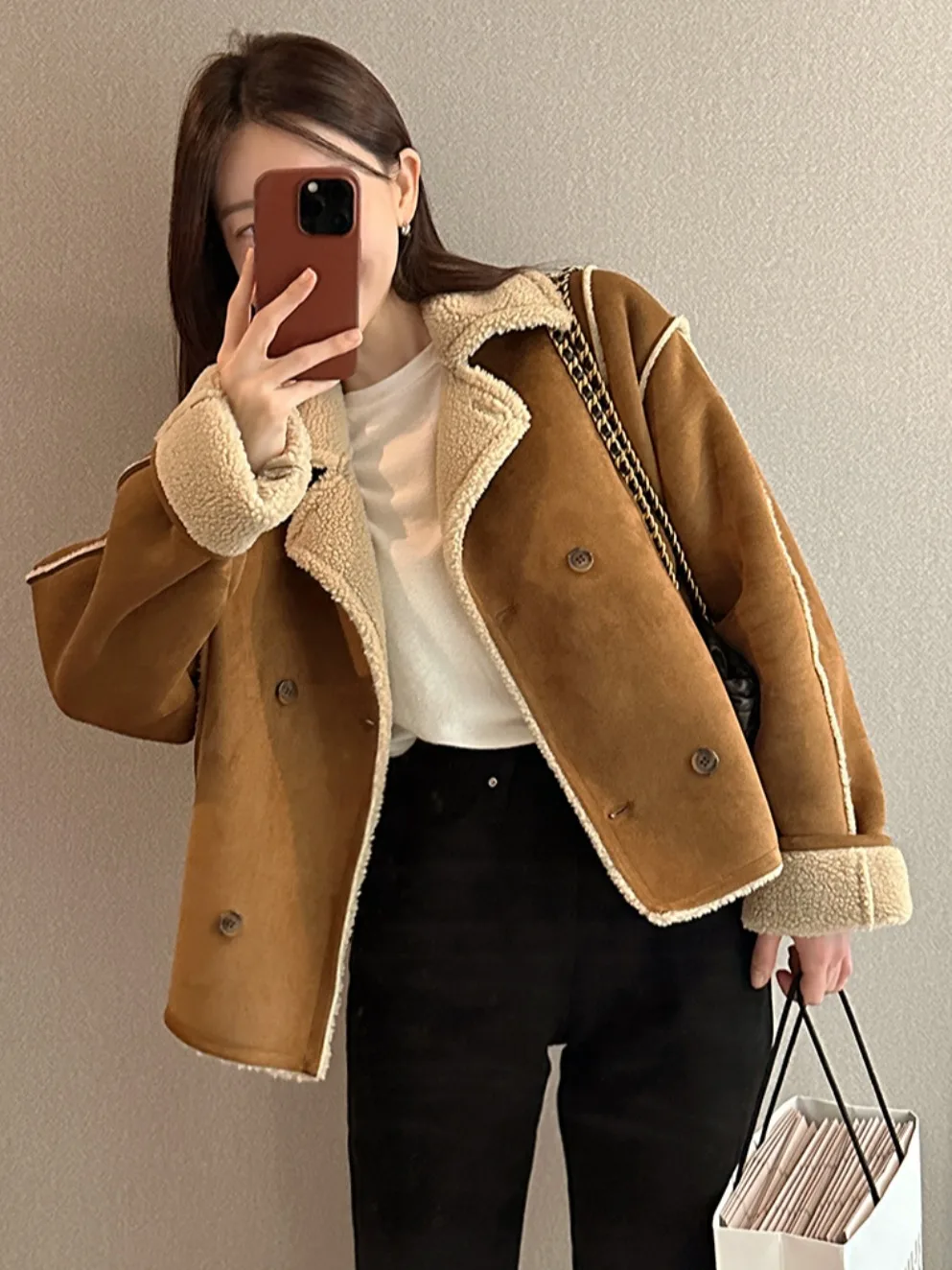 Двубортная свободная длинная бархатная куртка с воротником ягненка в стиле ретро Briti Sle, женская модная осенне-зимняя верхняя одежда