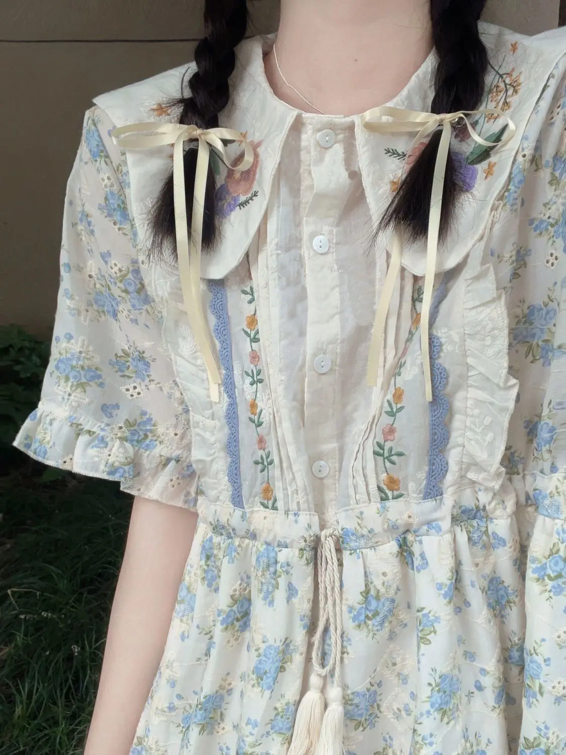 Kimotimo Sweet Lolita Embroidery Floral Short Sleeve Dress Women Japanese Peter Pan Collar Drawstring Waist Casual Long Dresses