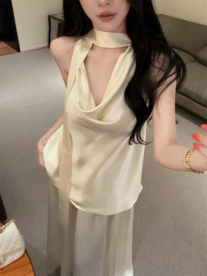 

Elegant Satin Wrap Neck Half Body Long Skirt Two Piece Set Women's Fashion Commute Korean Style Loose Fit Knot